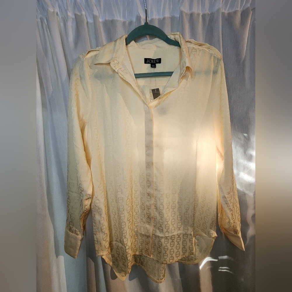 J.Crew Yellow Sheer Long Sleeve Blouse small Drapey jacquard-print